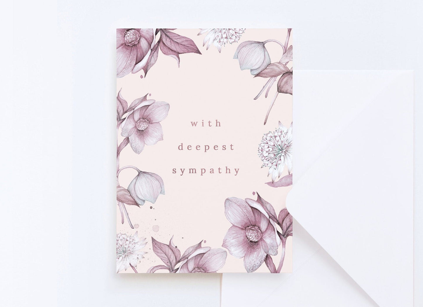 With Sympathy Floral Watercolour Illustrated Vintage Pink Botanical Condolences Greetings Card A6