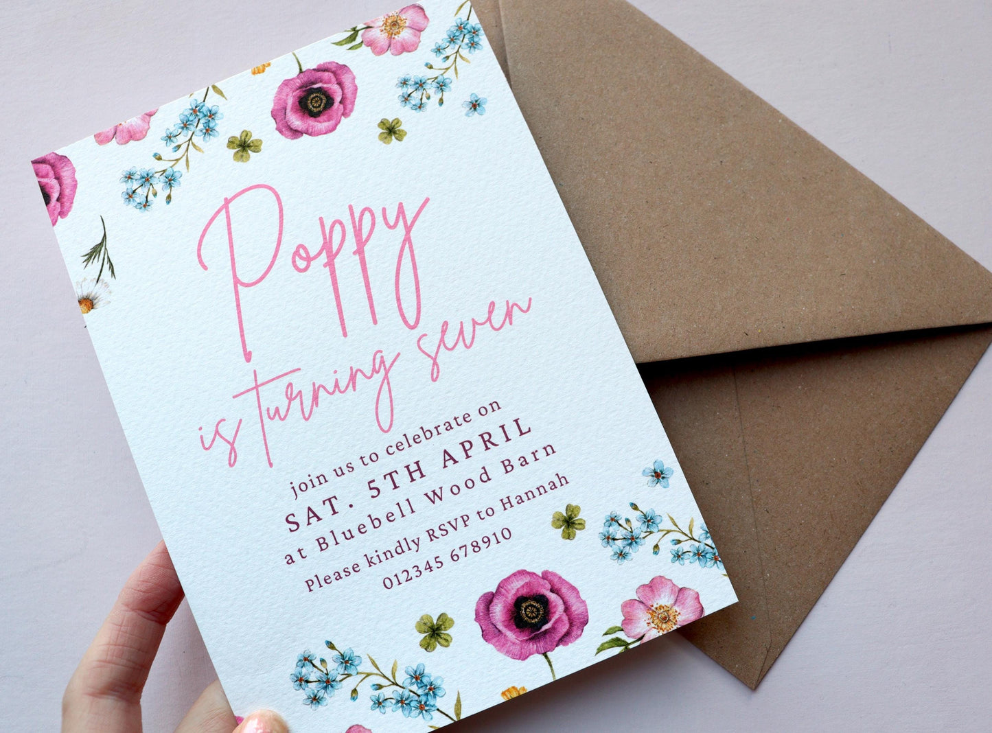 Wildflower Poppy Birthday Invitation, Children's Floral Kids Birthday Digital Download