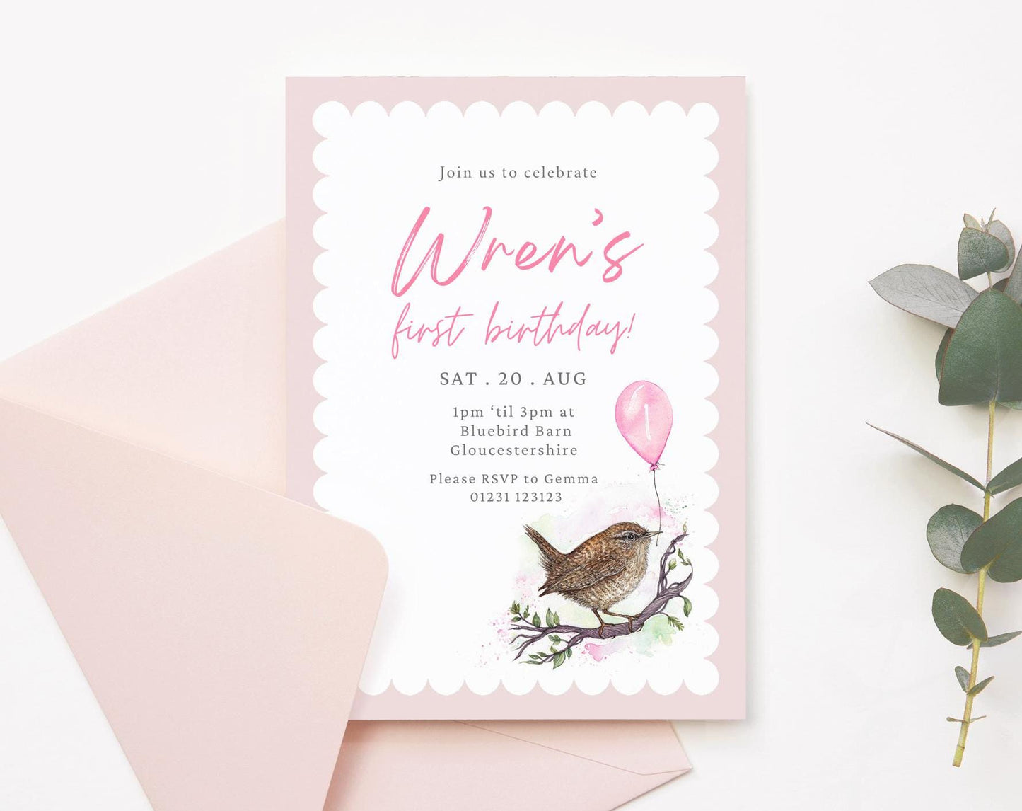 Wren Children's Birthday Invitation, Garden Birds Kids Birthday Party Digital Download