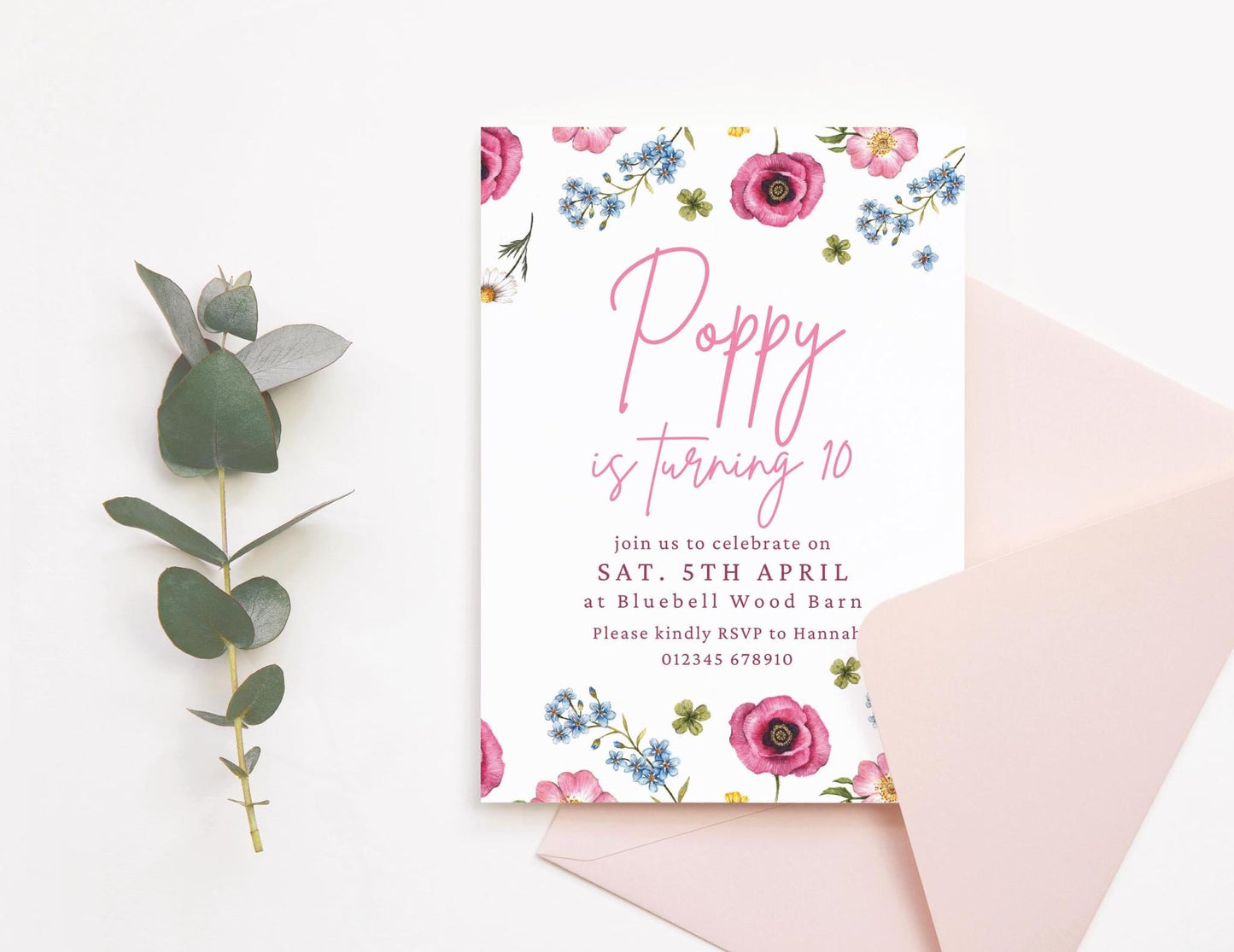 Wildflower Poppy Birthday Invitation, Children's Floral Kids Birthday Digital Download