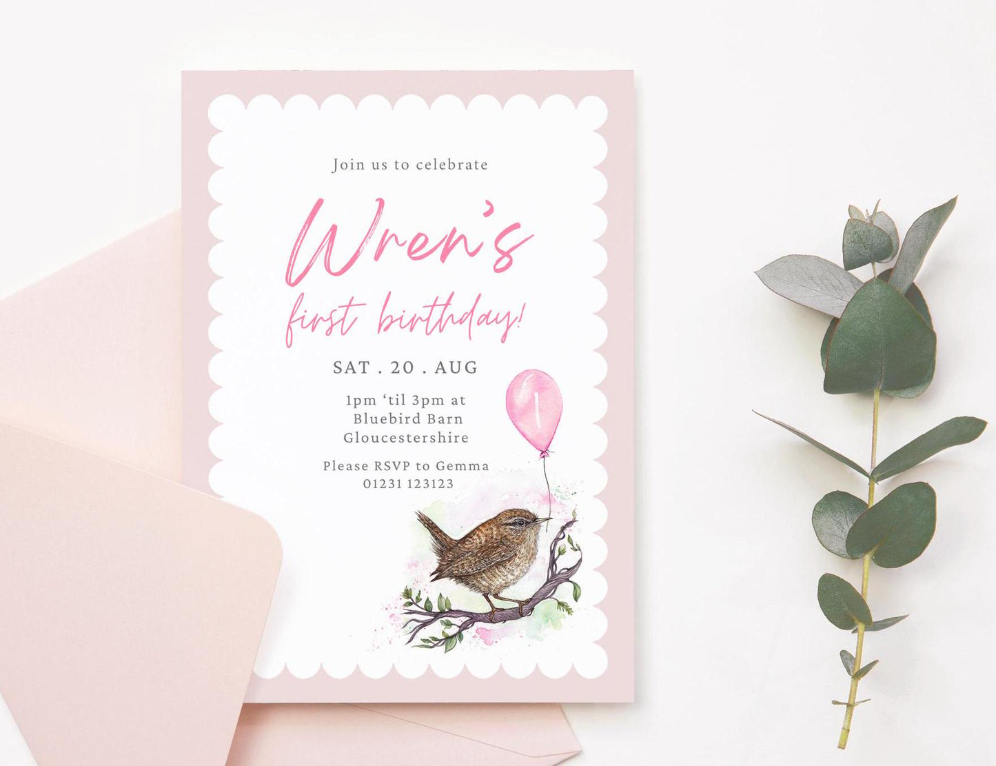 Wren Children's Birthday Invitation, Garden Birds Kids Birthday Party Digital Download