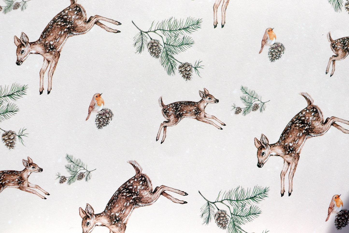 Christmas Fawn Wrapping Paper, Winter Robin and Pine Cones Pattern, Deer Gift Wrap Sheets