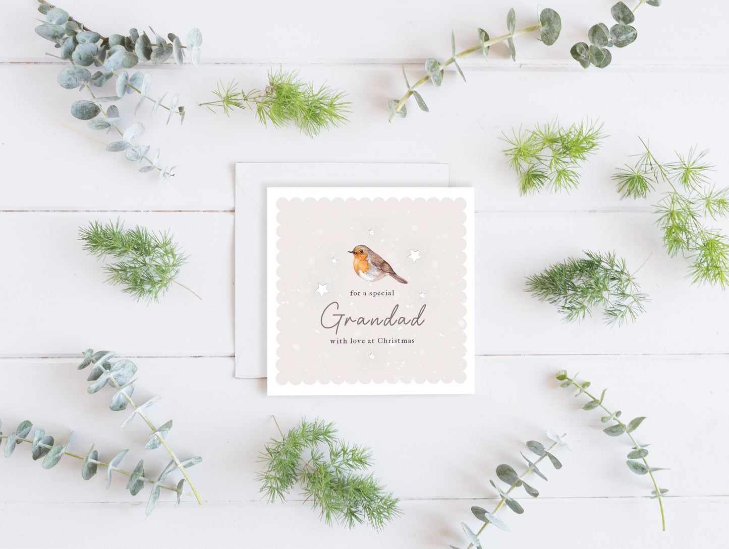 Personalised Watercolour Robin Christmas Card, Grandad Grandma Relative Thinking of you Greetings Card