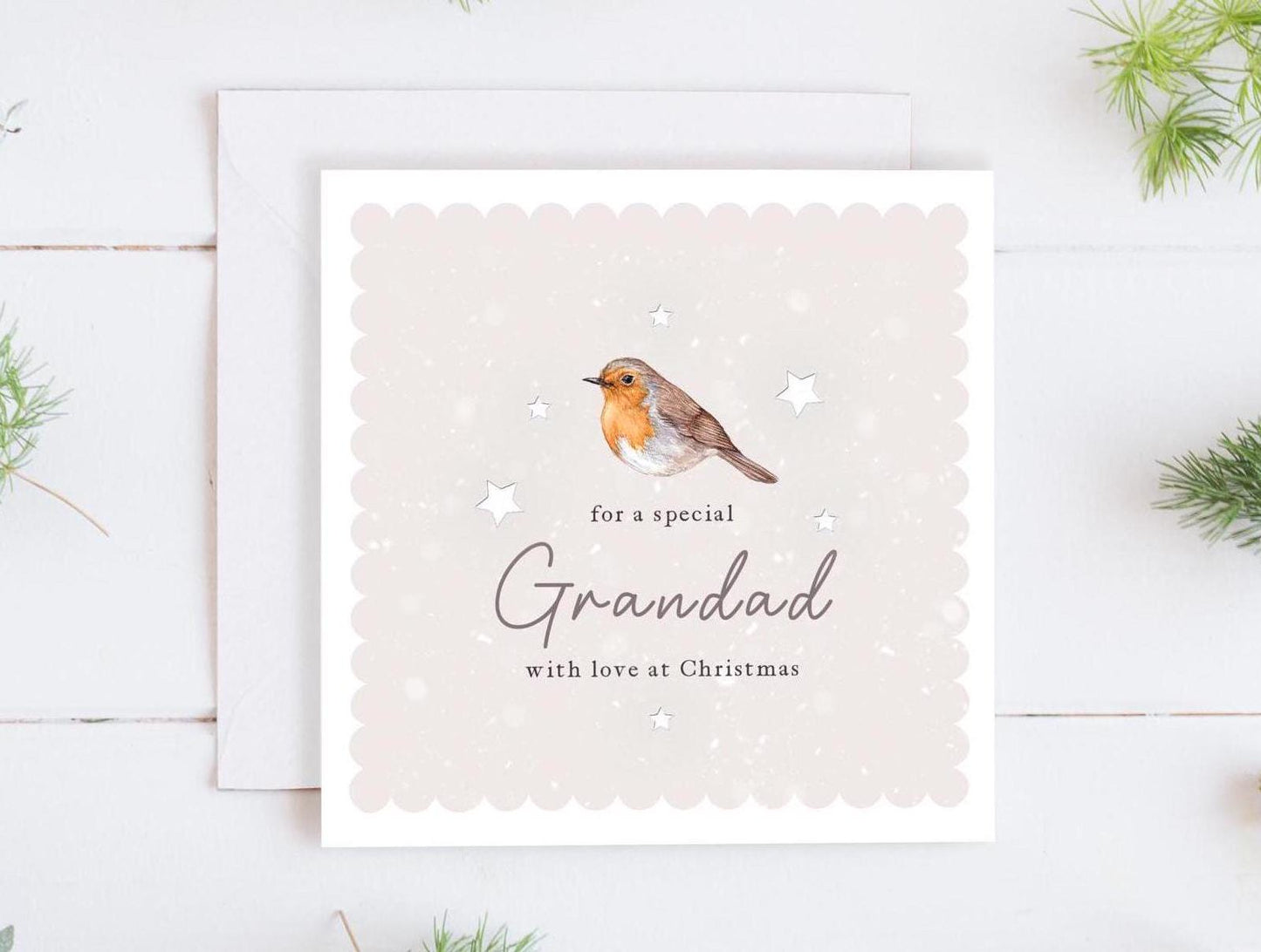 Personalised Watercolour Robin Christmas Card, Grandad Grandma Relative Thinking of you Greetings Card
