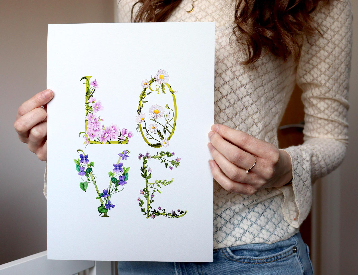 Love Of Wildflowers, Botanical Daisies Violets, Love Typography Word Print A3 Artwork Gift for Valentines