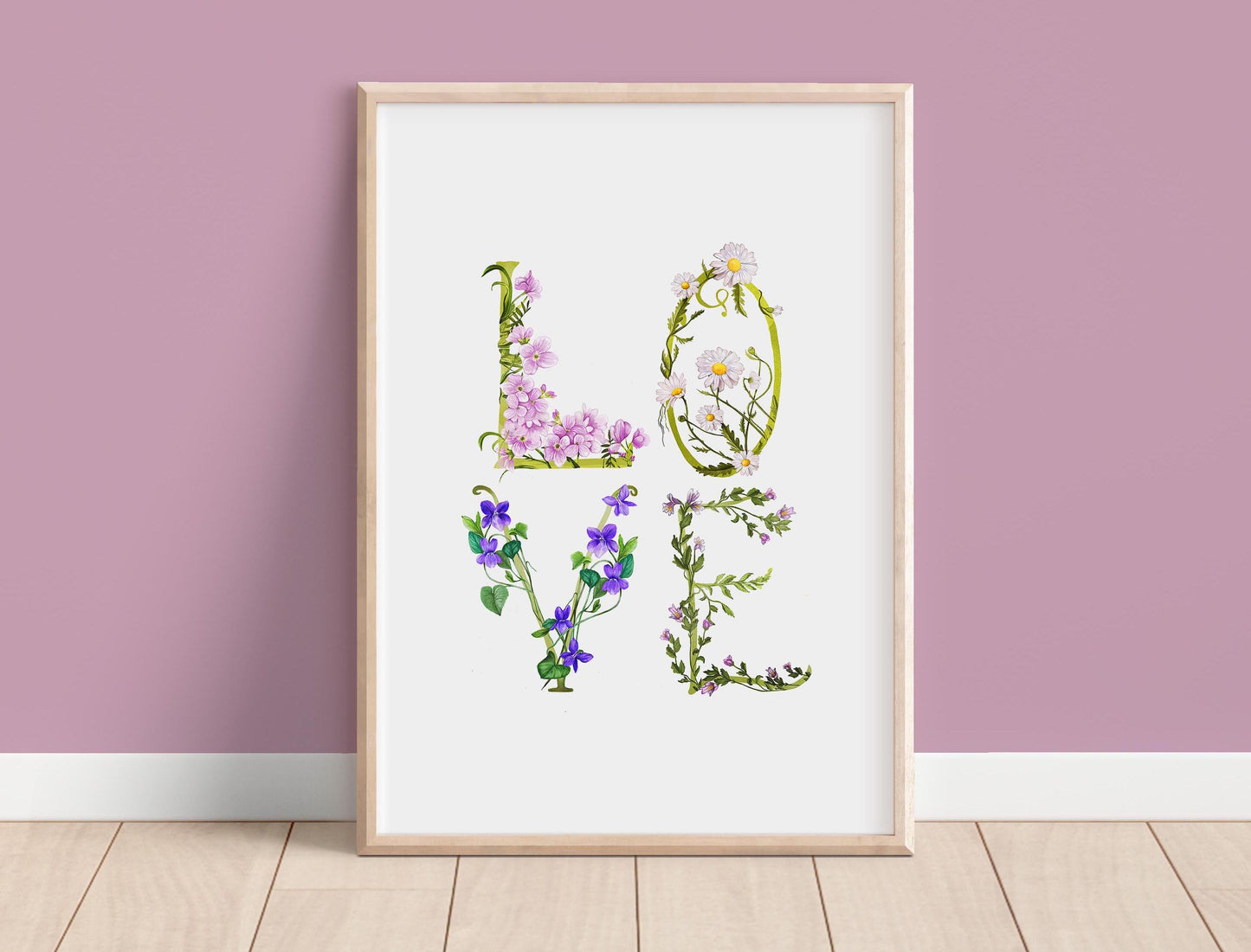 Love Of Wildflowers, Botanical Daisies Violets, Love Typography Word Print A3 Artwork Gift for Valentines