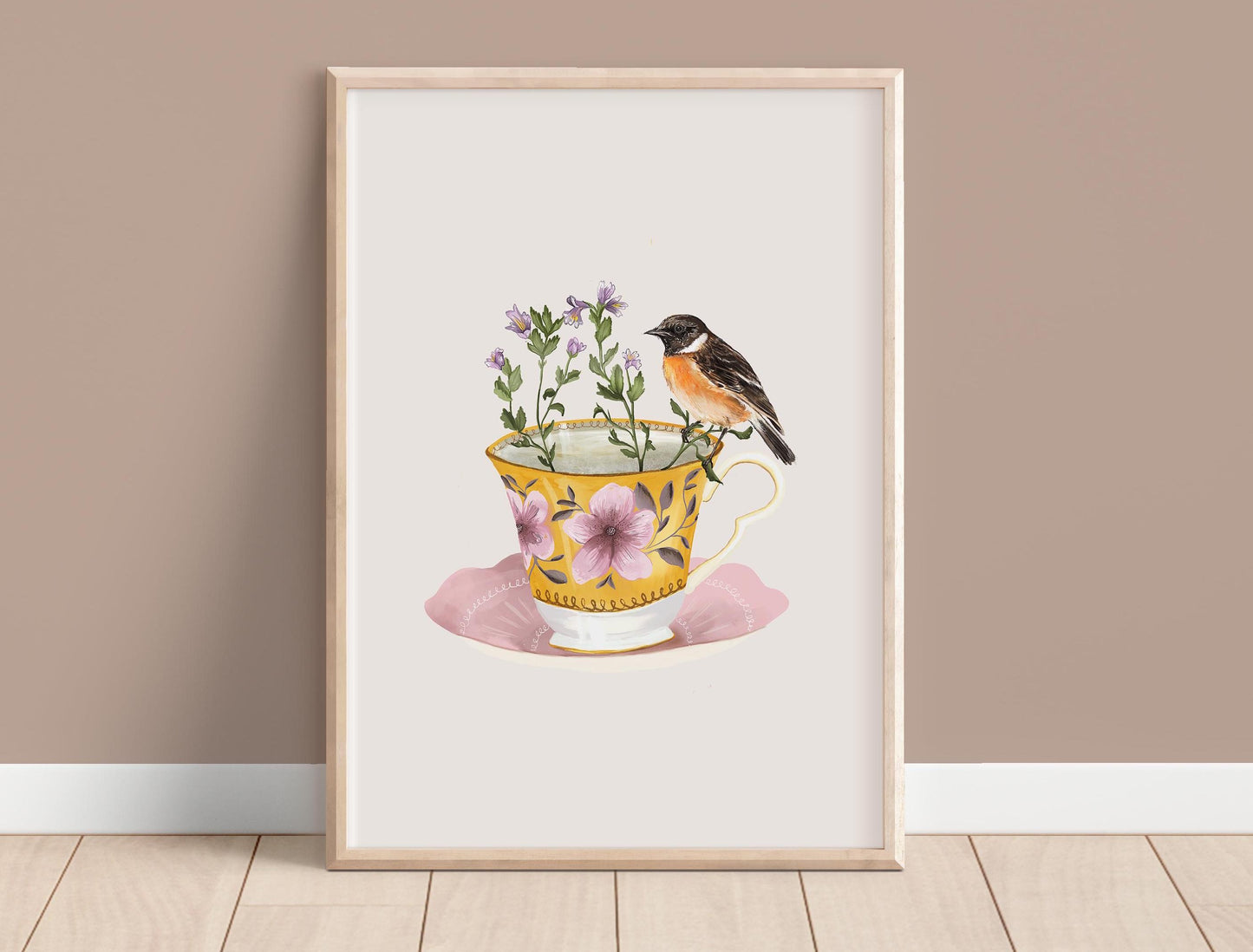 Vintage Teacup with Stonechat, Illustrated Whimsical Botanical and Bird Print for Kitchen 8x10" 5x7" A4