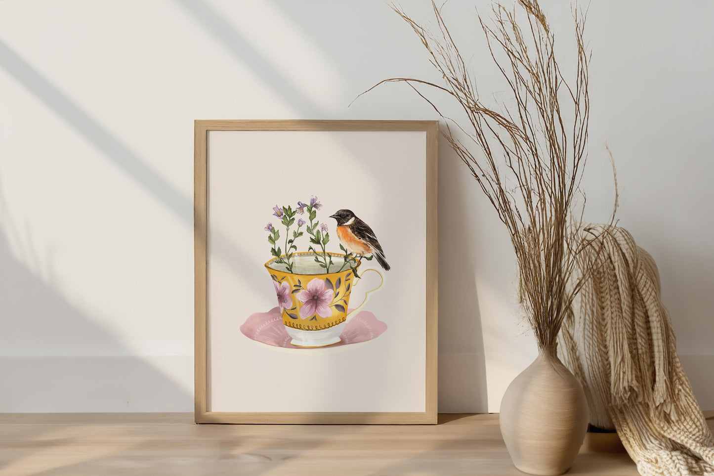 Vintage Teacup with Stonechat, Illustrated Whimsical Botanical and Bird Print for Kitchen 8x10" 5x7" A4