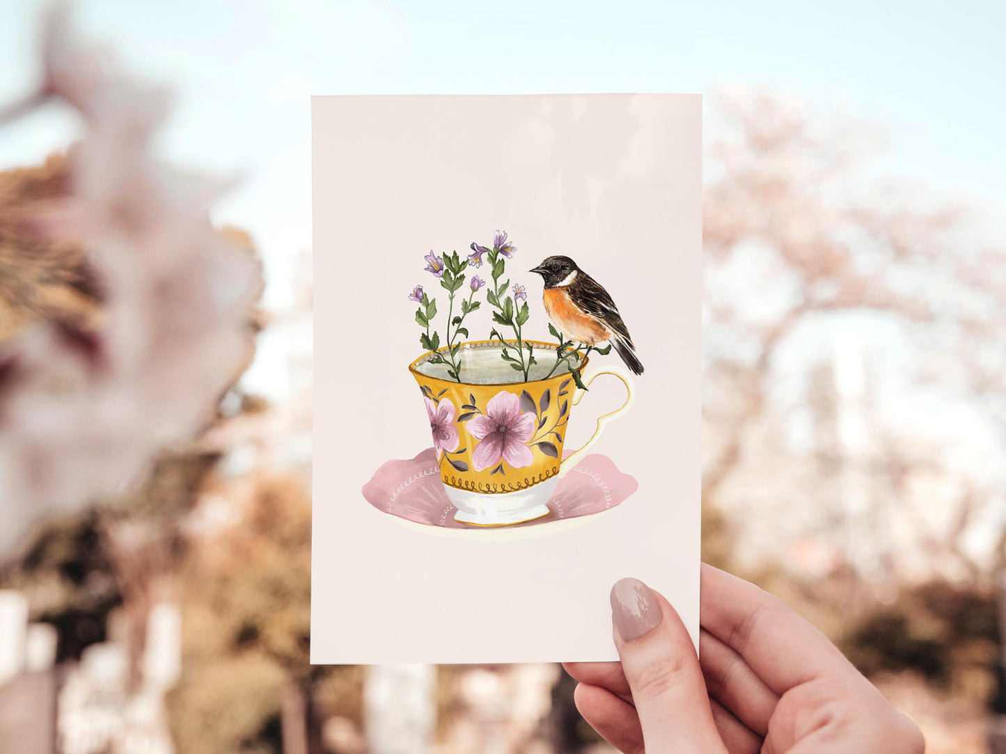 Vintage Teacup with Stonechat, Illustrated Whimsical Botanical and Bird Print for Kitchen 8x10" 5x7" A4