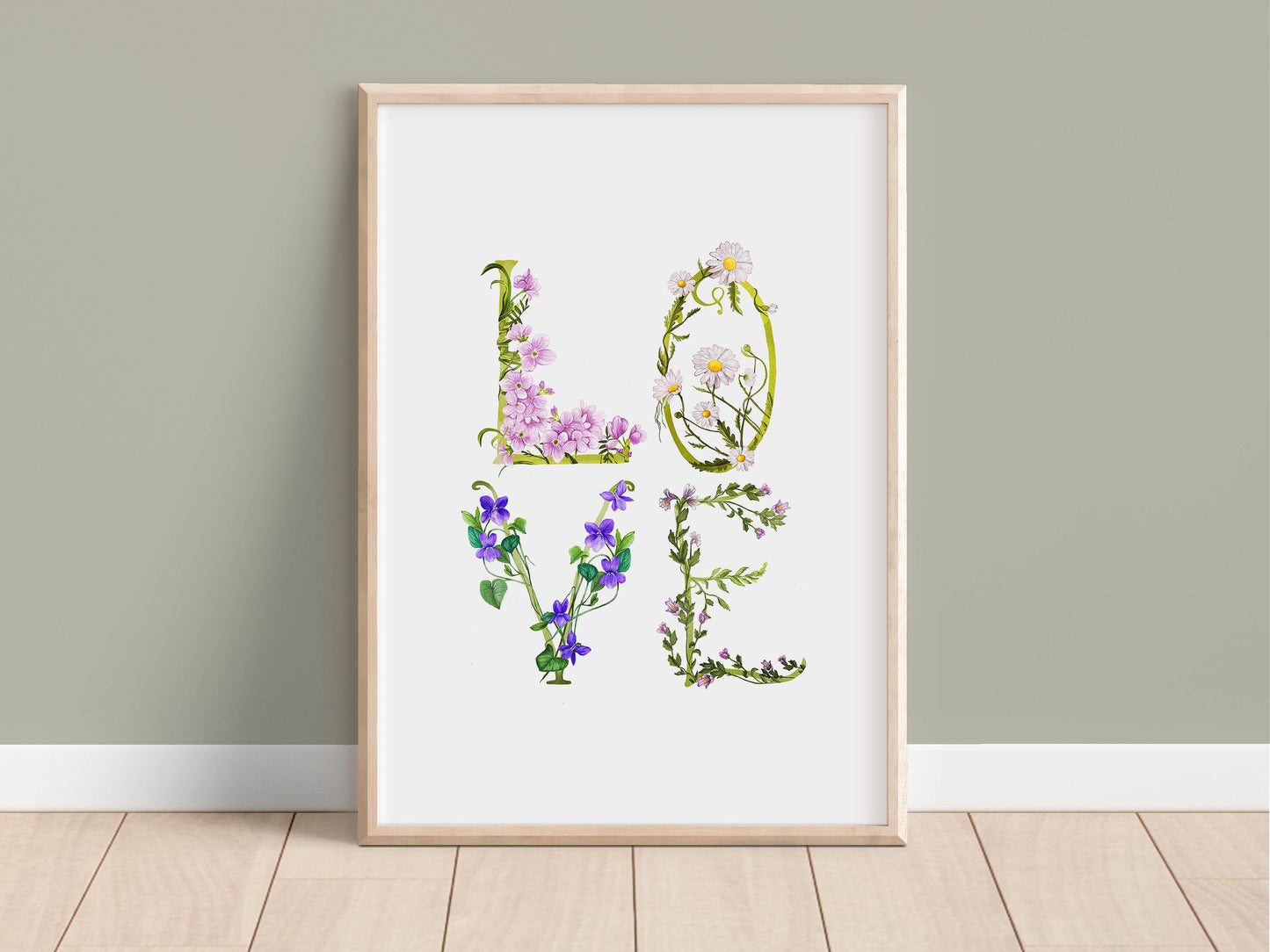 Love Of Wildflowers, Botanical Daisies Violets, Love Typography Word Print A3 Artwork Gift for Valentines