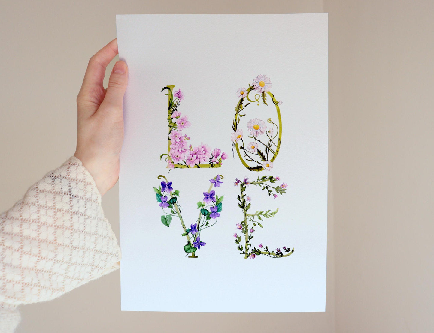 Love Of Wildflowers, Botanical Daisies Violets, Love Typography Word Print A3 Artwork Gift for Valentines
