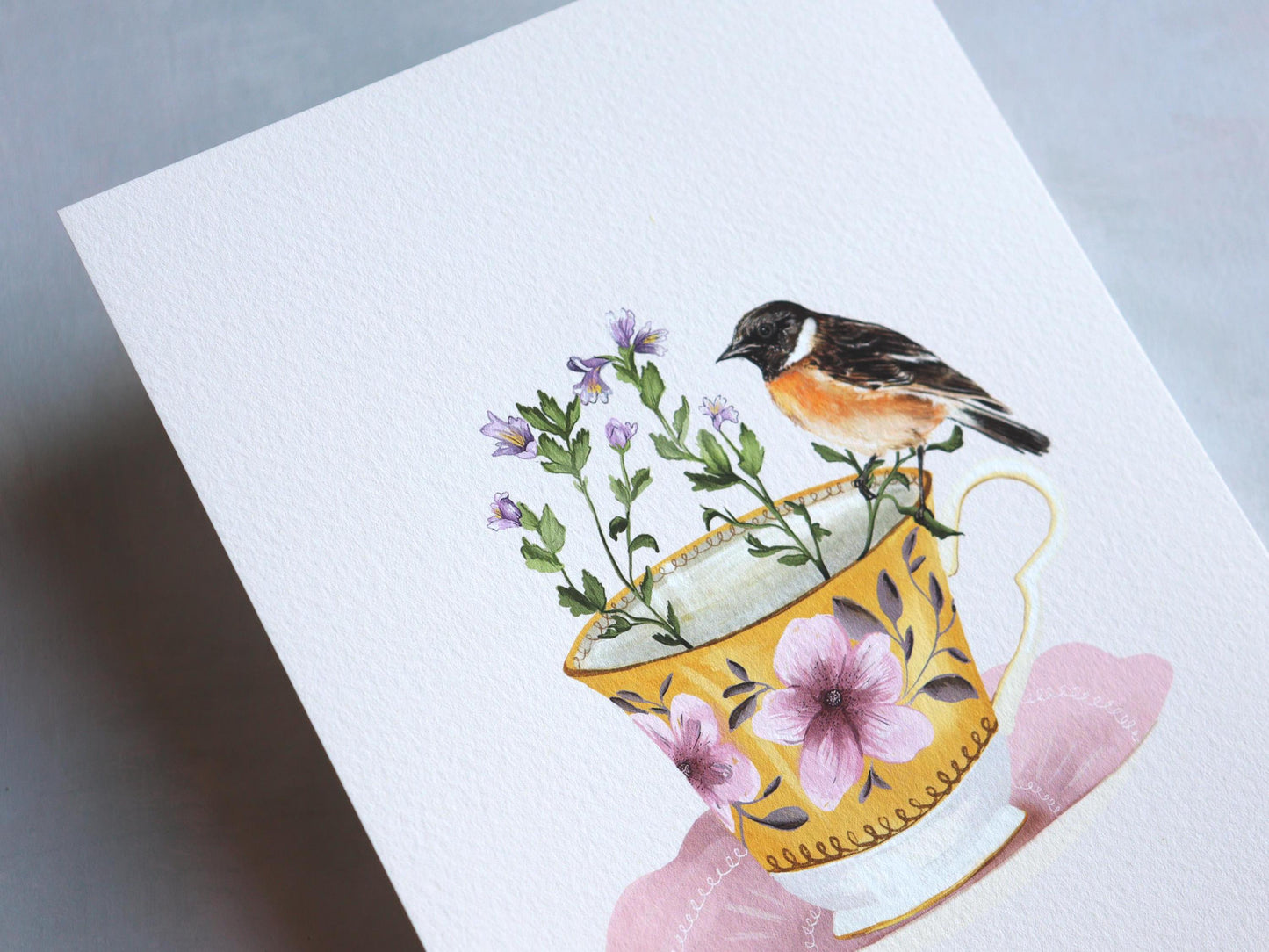 Vintage Teacup with Stonechat, Illustrated Whimsical Botanical and Bird Print for Kitchen 8x10" 5x7" A4