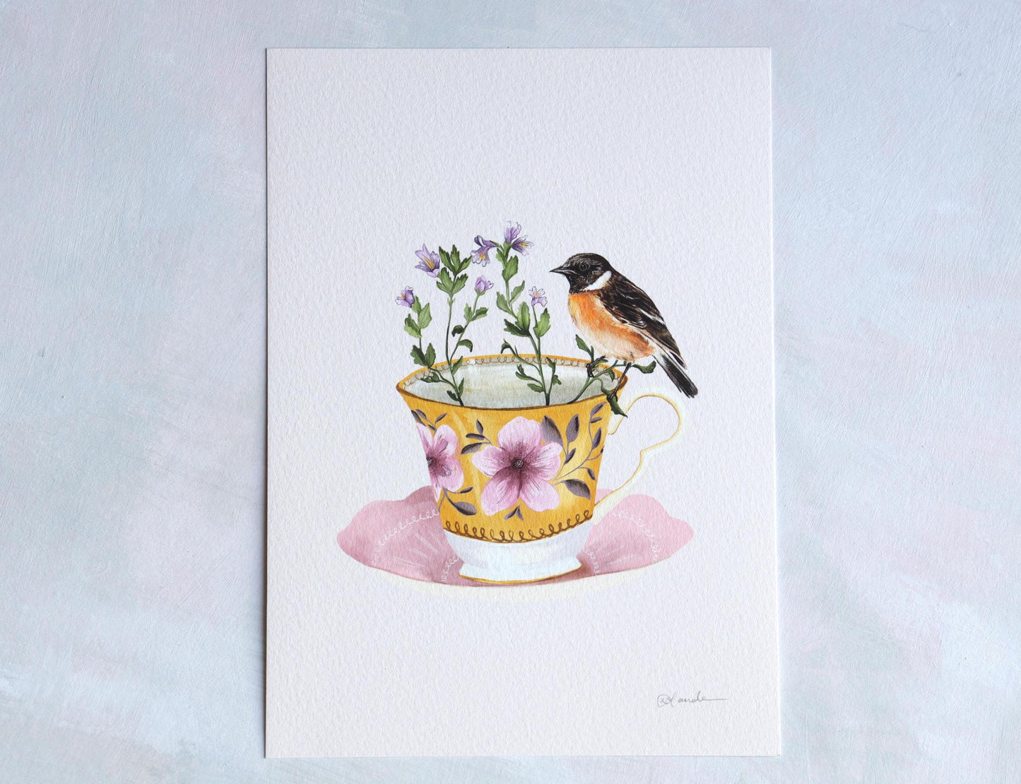 Vintage Teacup with Stonechat, Illustrated Whimsical Botanical and Bird Print for Kitchen 8x10" 5x7" A4