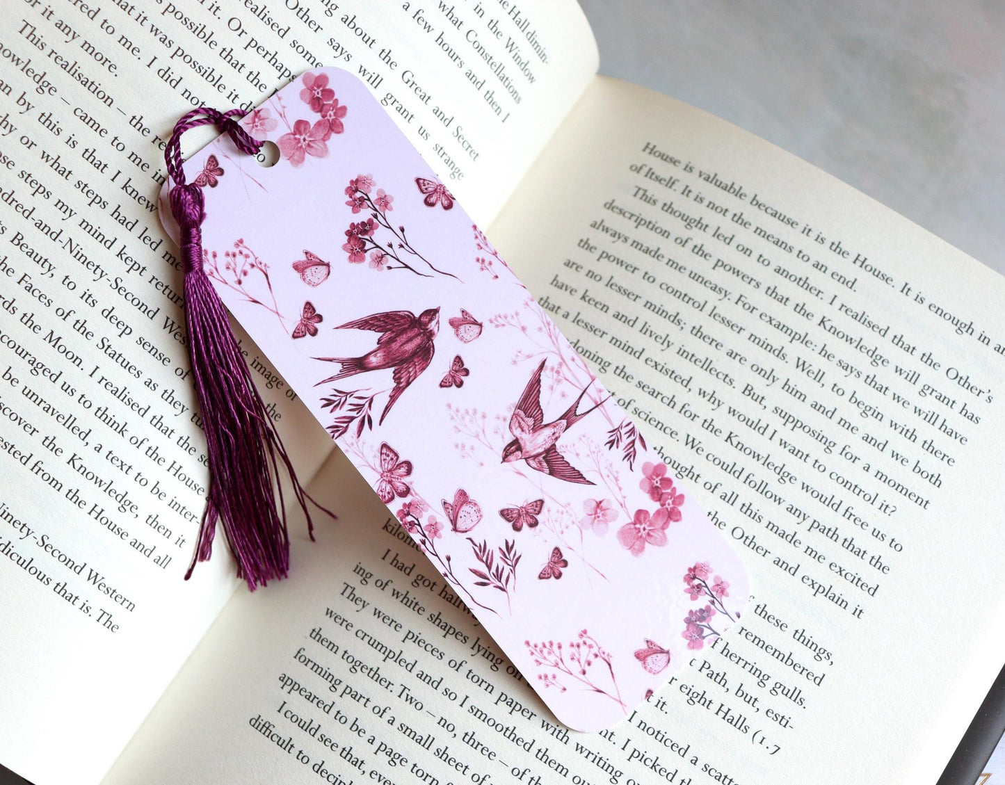 Vintage Pink Toile Bookmark, Floral Birds Butterfly, Book Lovers, Bookish Gift, Swallows Bookmark