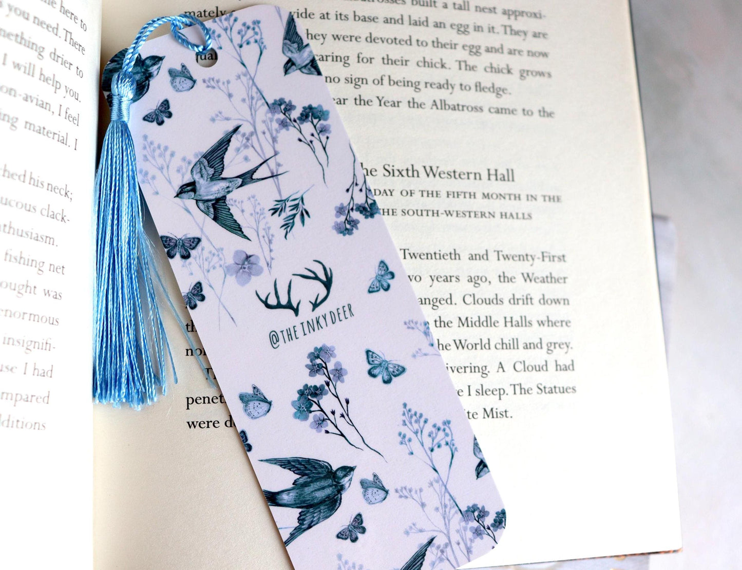 Vintage Blue Toile Bookmark, Floral Birds Butterfly, Book Lovers, Bookish Gift, Swallows Bookmark