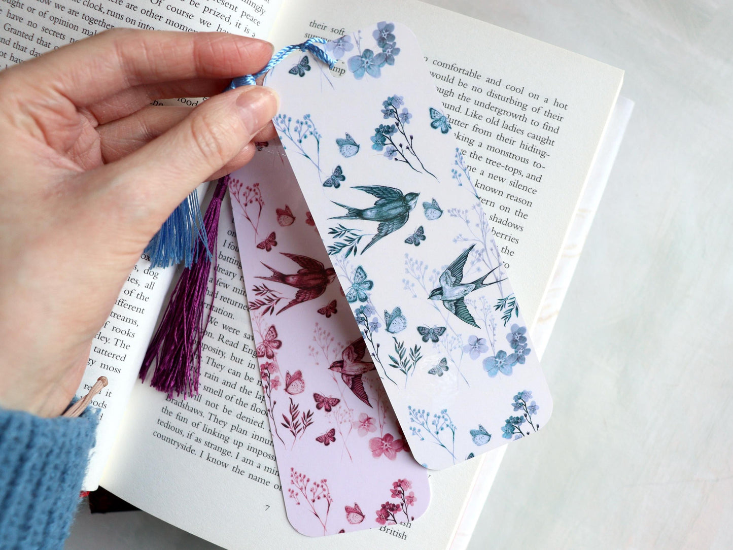 Vintage Blue Toile Bookmark, Floral Birds Butterfly, Book Lovers, Bookish Gift, Swallows Bookmark