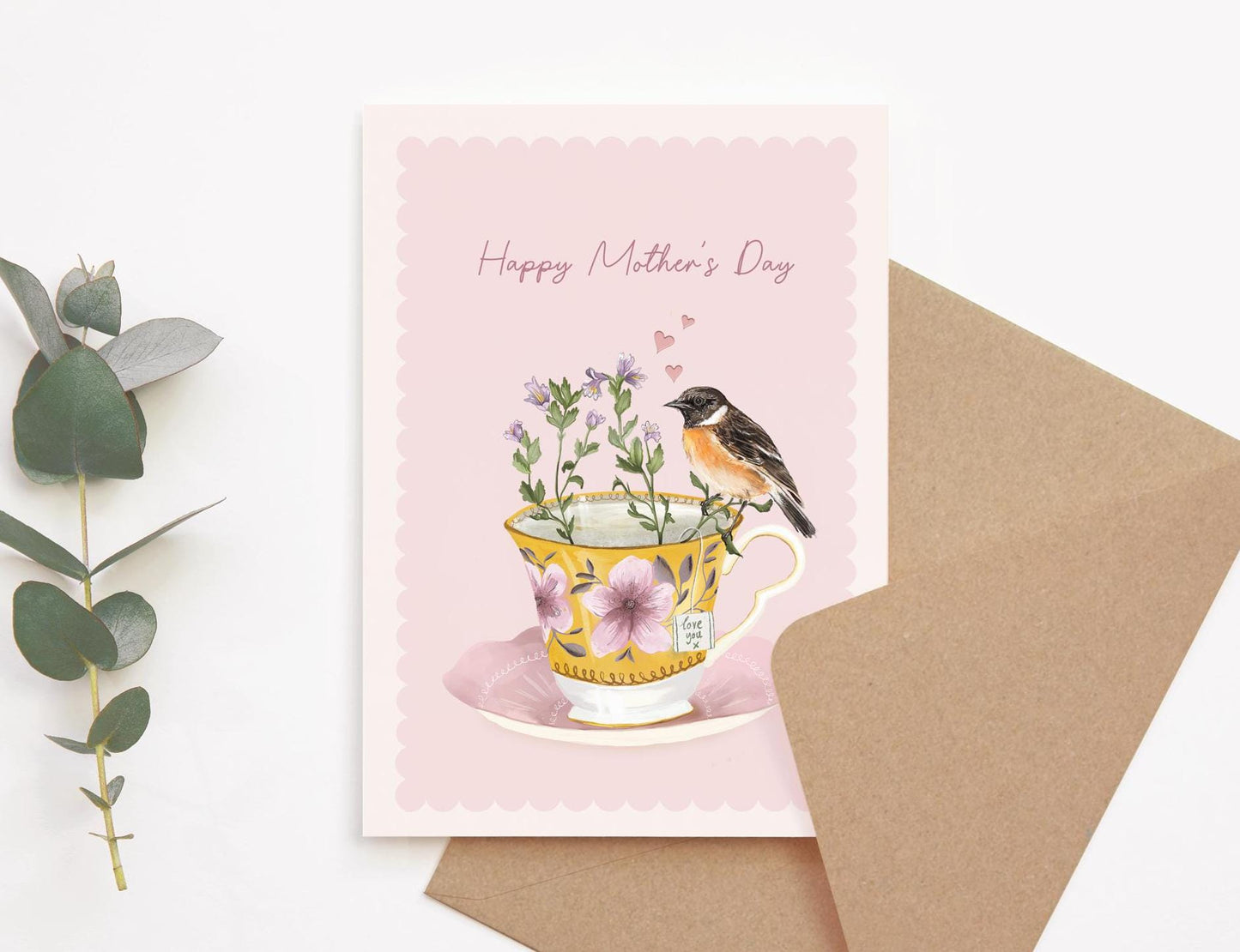 Lovely Mum, Floral Vintage Teacup And Bird, Pink Illustrated Mother's Day Card 5x7"