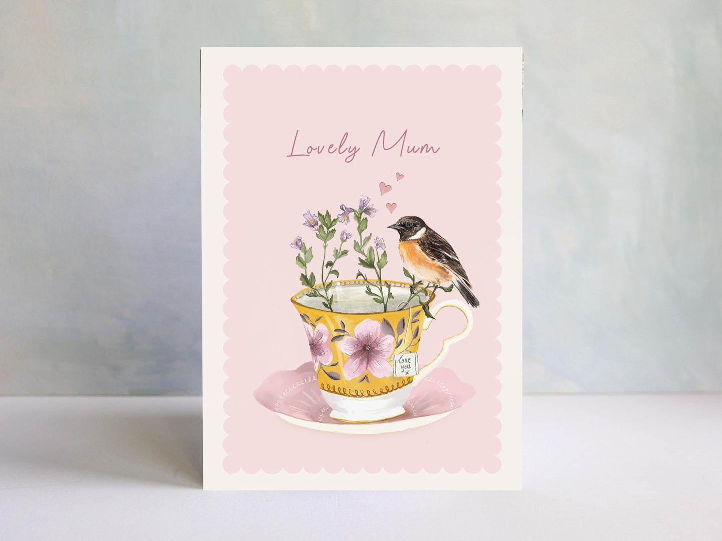 Lovely Mum, Floral Vintage Teacup And Bird, Pink Illustrated Mother's Day Card 5x7"