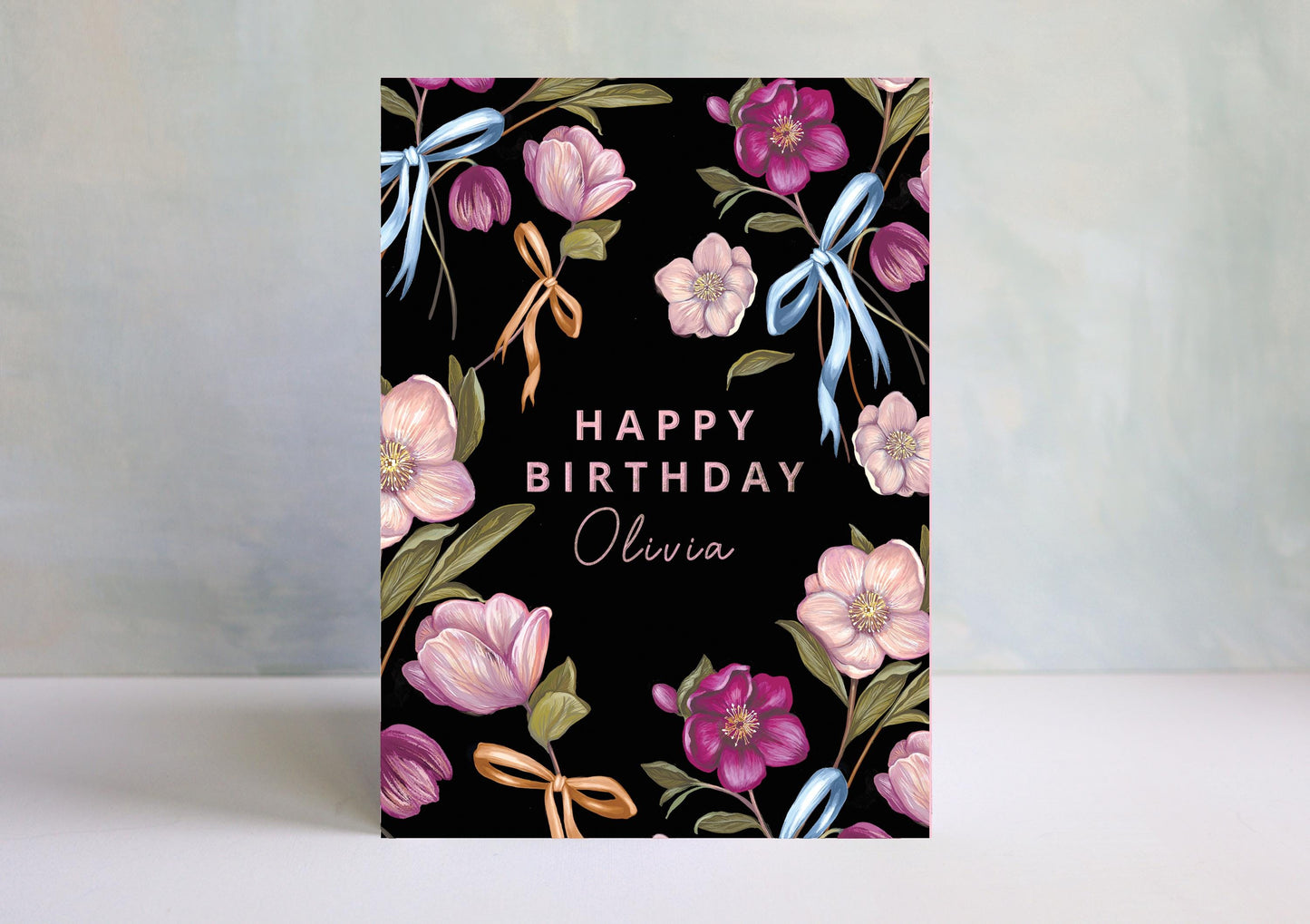 Personalised Dark Hellebore Floral Birthday Card for Her, Friend, Mum, Illustrated Bows Greetings Card A6