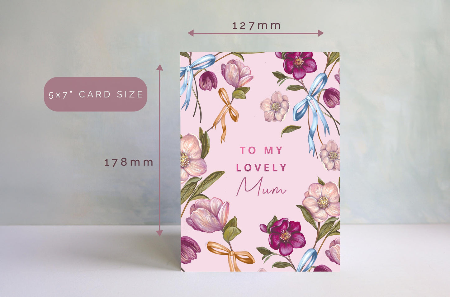 Pink Hellebore Floral Card for Mum, Mother's Day Card, Lovely Mum, Illustrated Bows Greetings Card 5x7"