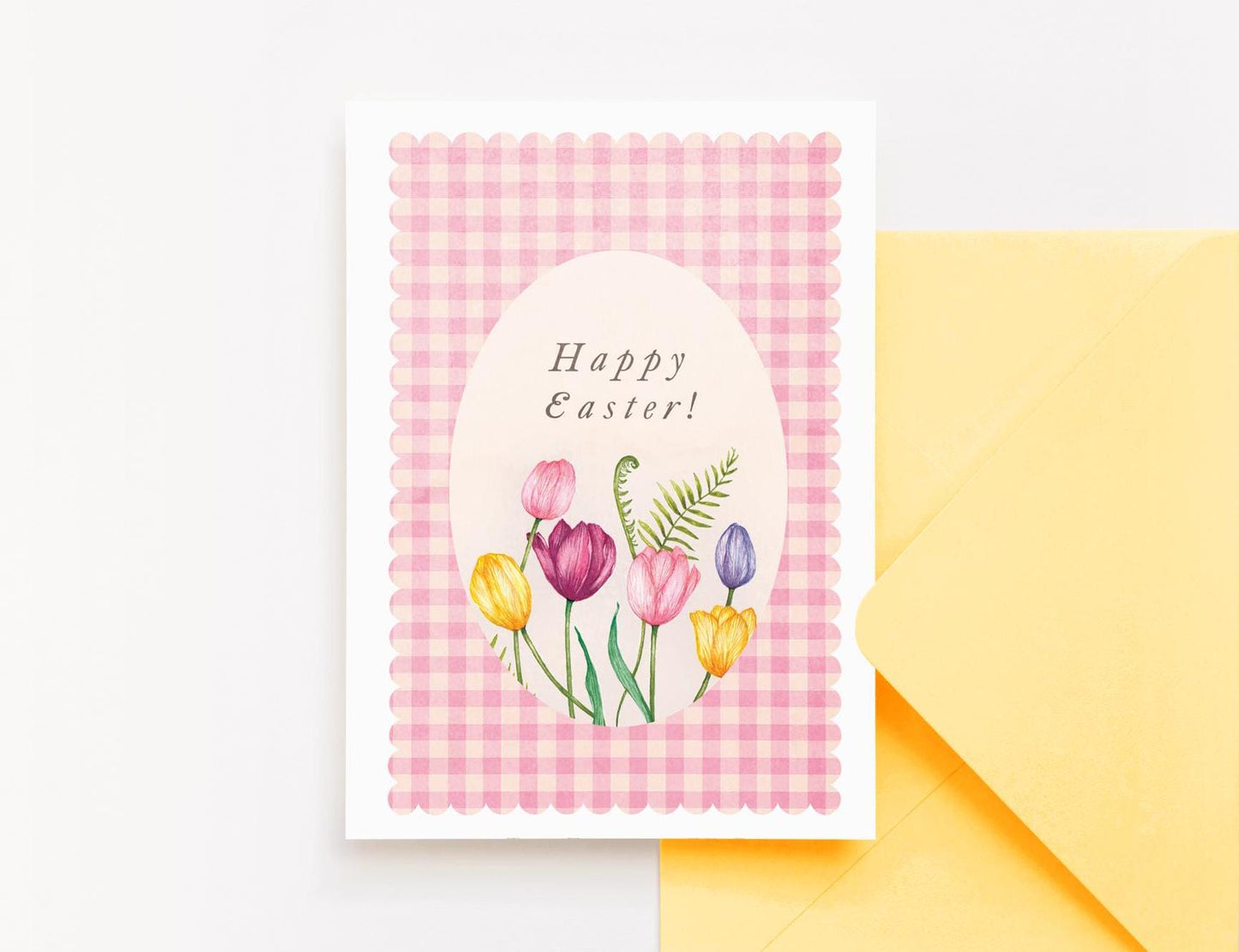 Pastel Tulips Watercolour Easter Egg Card for Her, Mum Grandma Friend Sister, Floral Pink Gingham Greetings Card