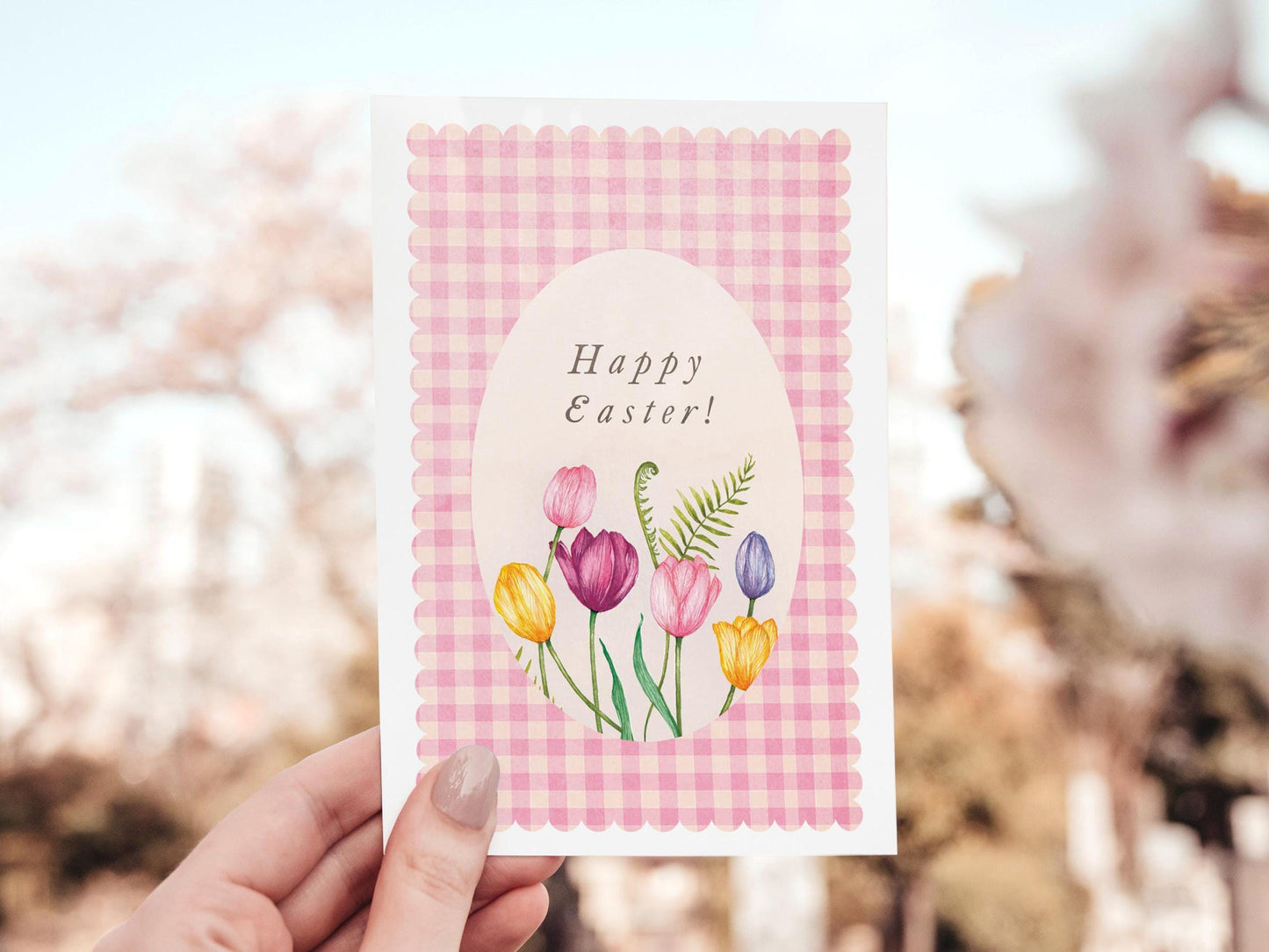 Pastel Tulips Watercolour Easter Egg Card for Her, Mum Grandma Friend Sister, Floral Pink Gingham Greetings Card