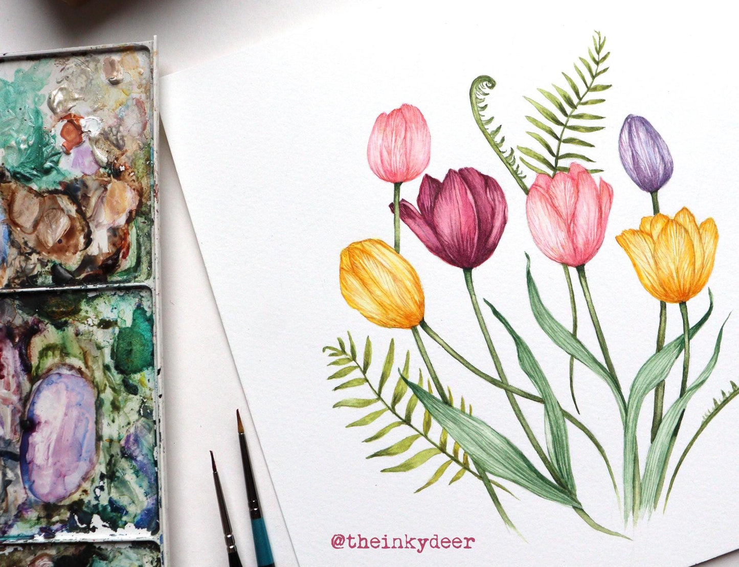Pastel Tulips Watercolour Easter Egg Card for Her, Mum Grandma Friend Sister, Floral Pink Gingham Greetings Card