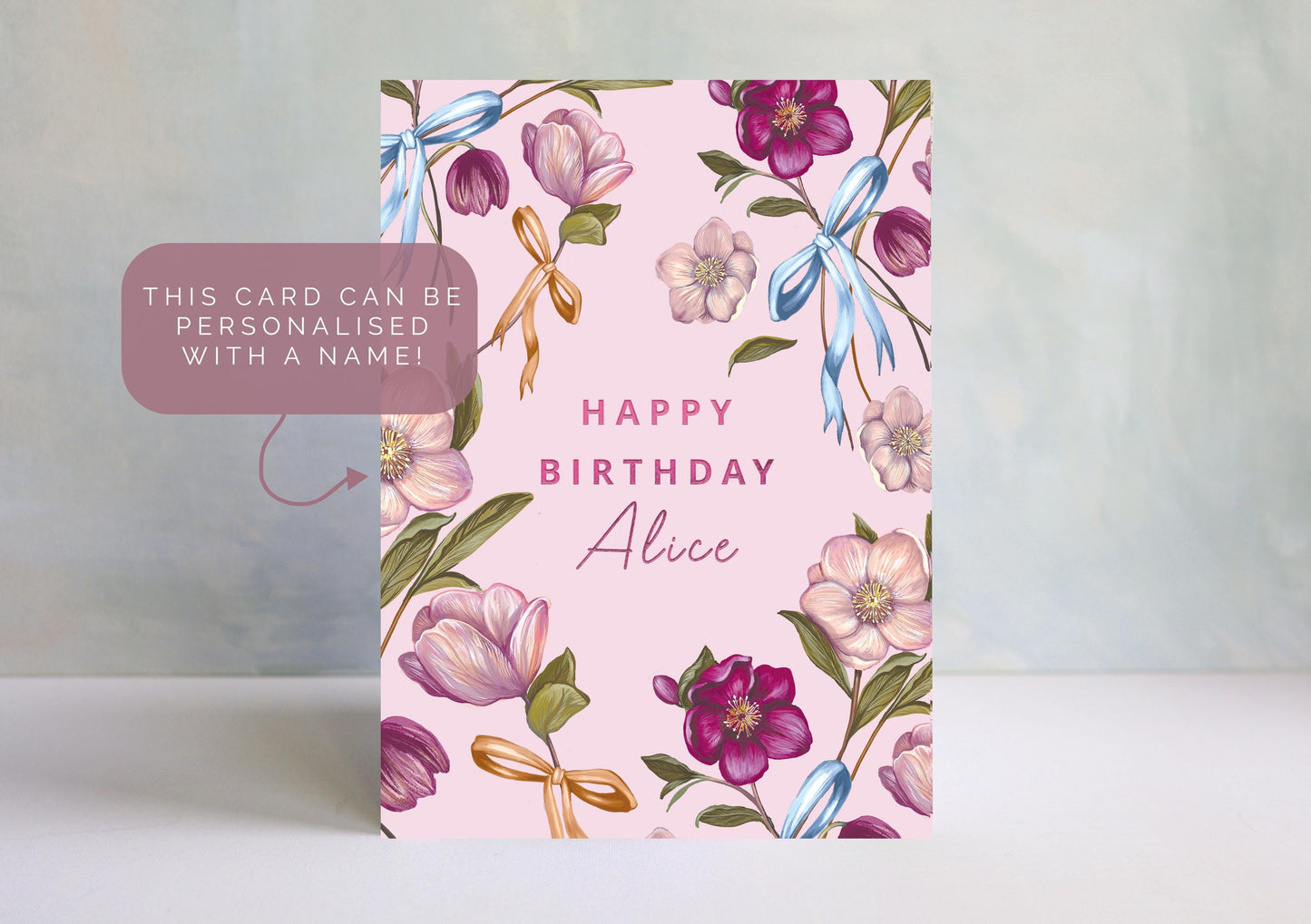 Personalised Pink Hellebore Floral Birthday Card for Her, Illustrated Bows Greetings Card 5x7"