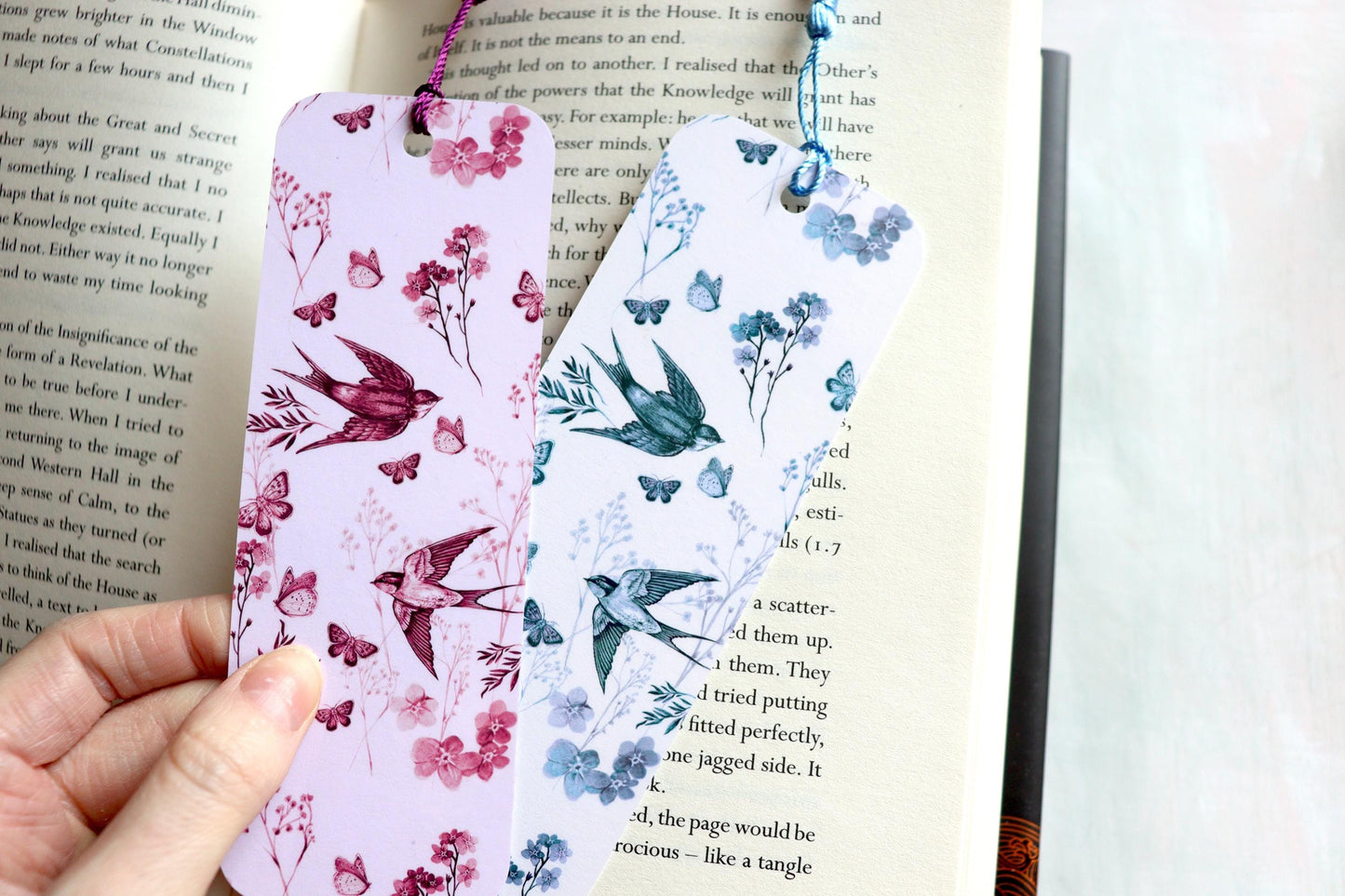 Vintage Blue Toile Bookmark, Floral Birds Butterfly, Book Lovers, Bookish Gift, Swallows Bookmark