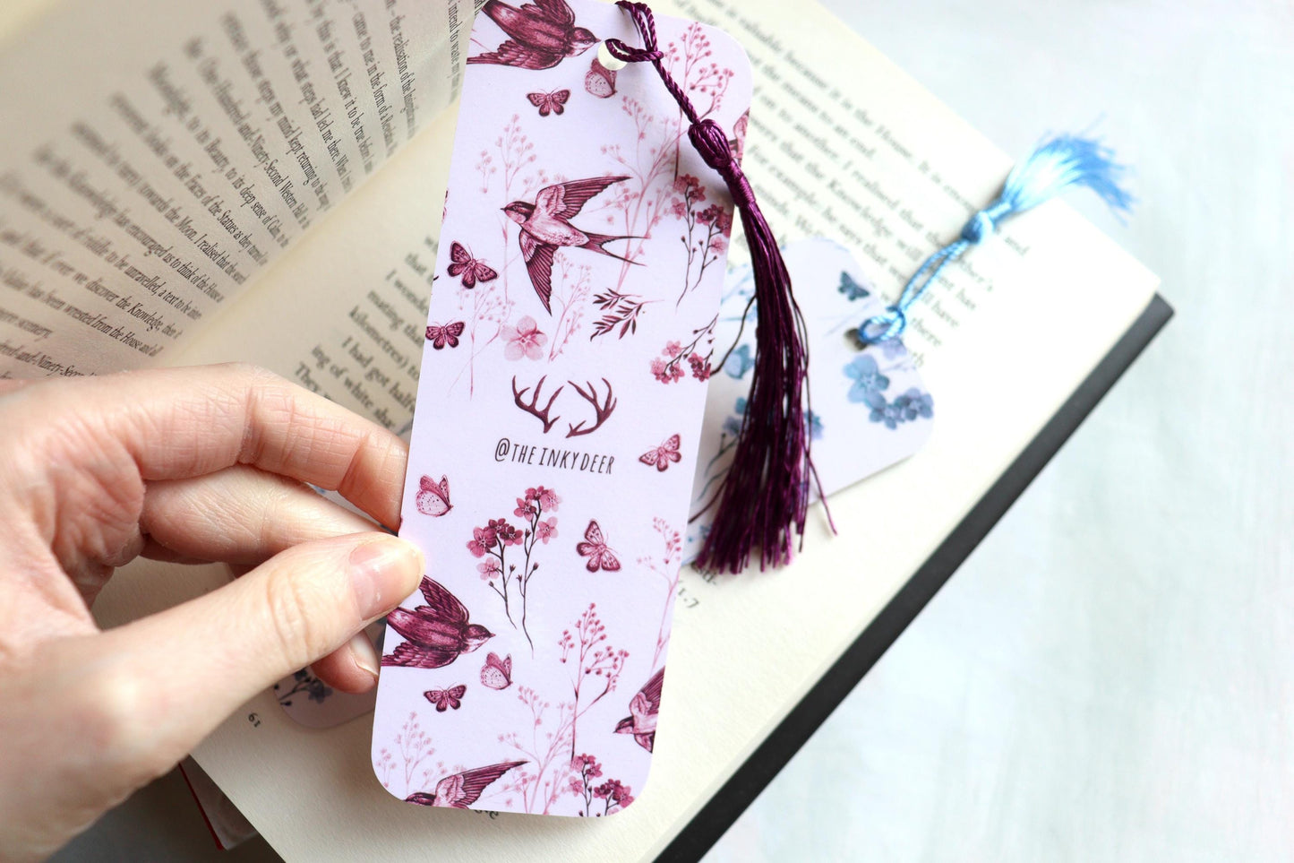 Vintage Pink Toile Bookmark, Floral Birds Butterfly, Book Lovers, Bookish Gift, Swallows Bookmark