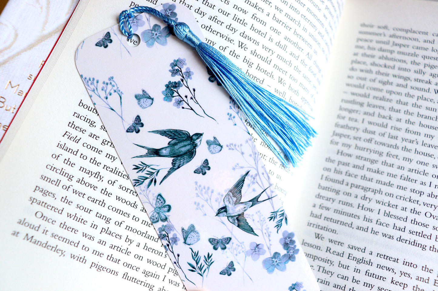 Vintage Blue Toile Bookmark, Floral Birds Butterfly, Book Lovers, Bookish Gift, Swallows Bookmark