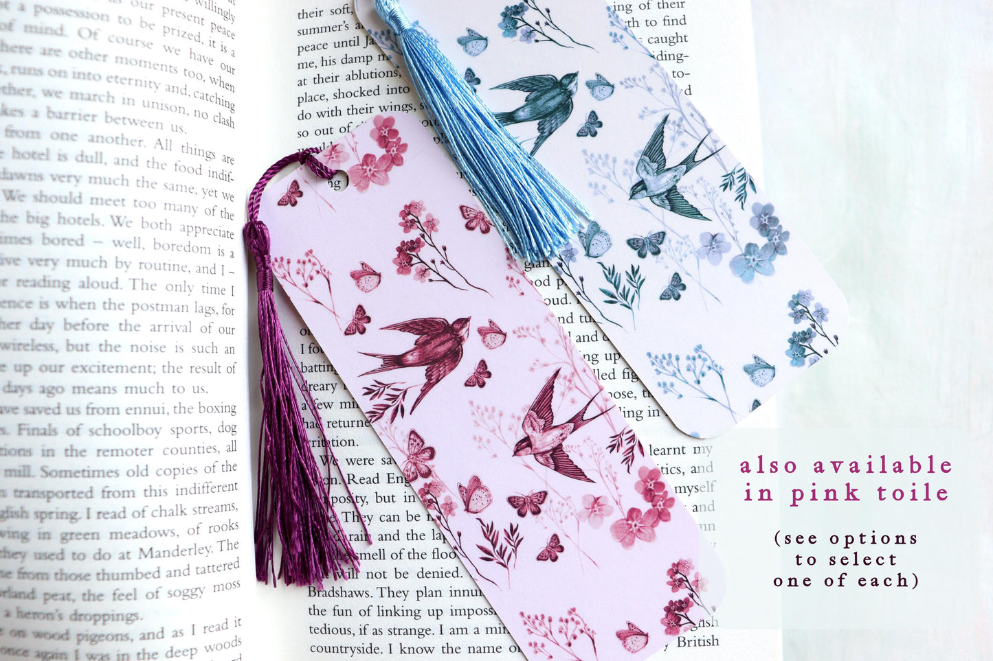 Vintage Blue Toile Bookmark, Floral Birds Butterfly, Book Lovers, Bookish Gift, Swallows Bookmark