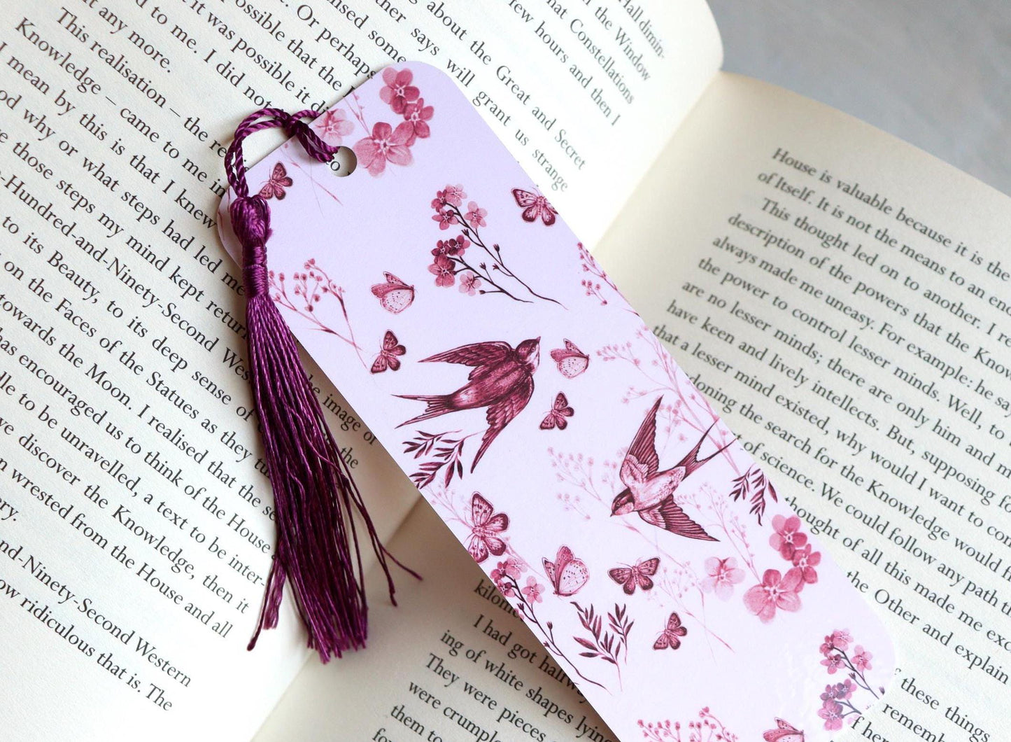 Vintage Pink Toile Bookmark, Floral Birds Butterfly, Book Lovers, Bookish Gift, Swallows Bookmark