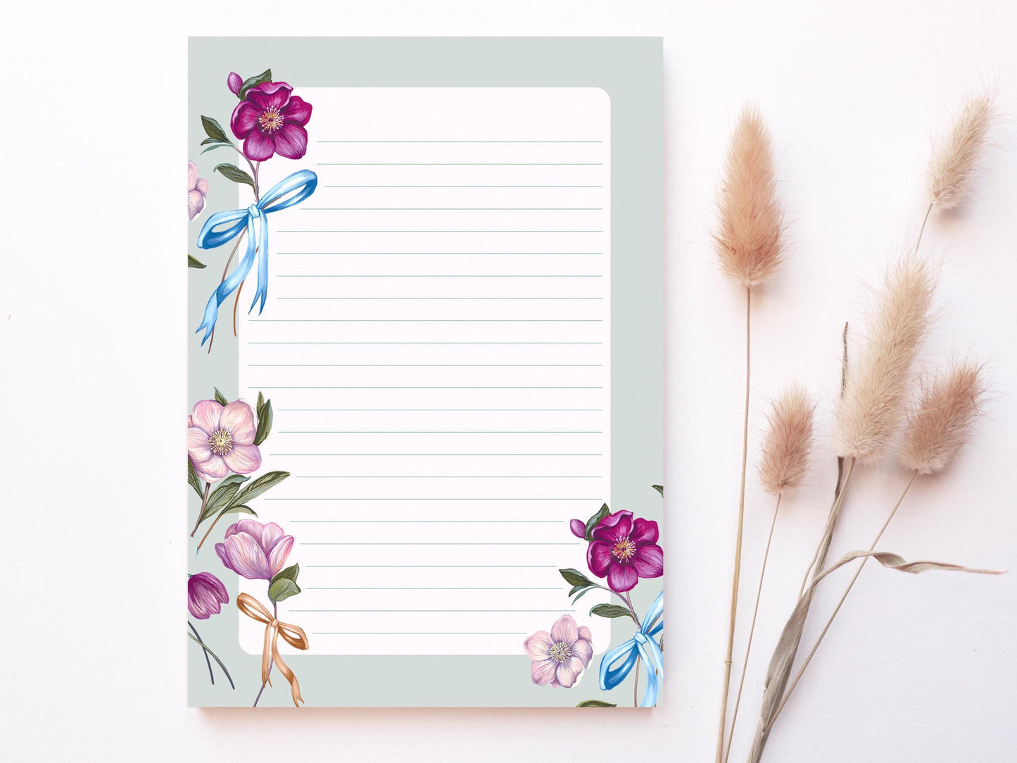 Hellebore Bow A5 Notepad, Watercolour Illustrated Green Printed Paper Notes, Stationery Easter Gift