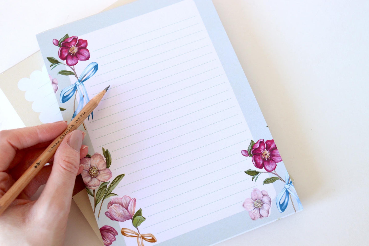 Hellebore Bow A5 Notepad, Watercolour Illustrated Green Printed Paper Notes, Stationery Easter Gift