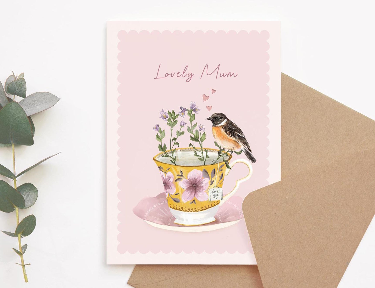 Lovely Mum, Floral Vintage Teacup And Bird, Pink Illustrated Mother's Day Card 5x7"