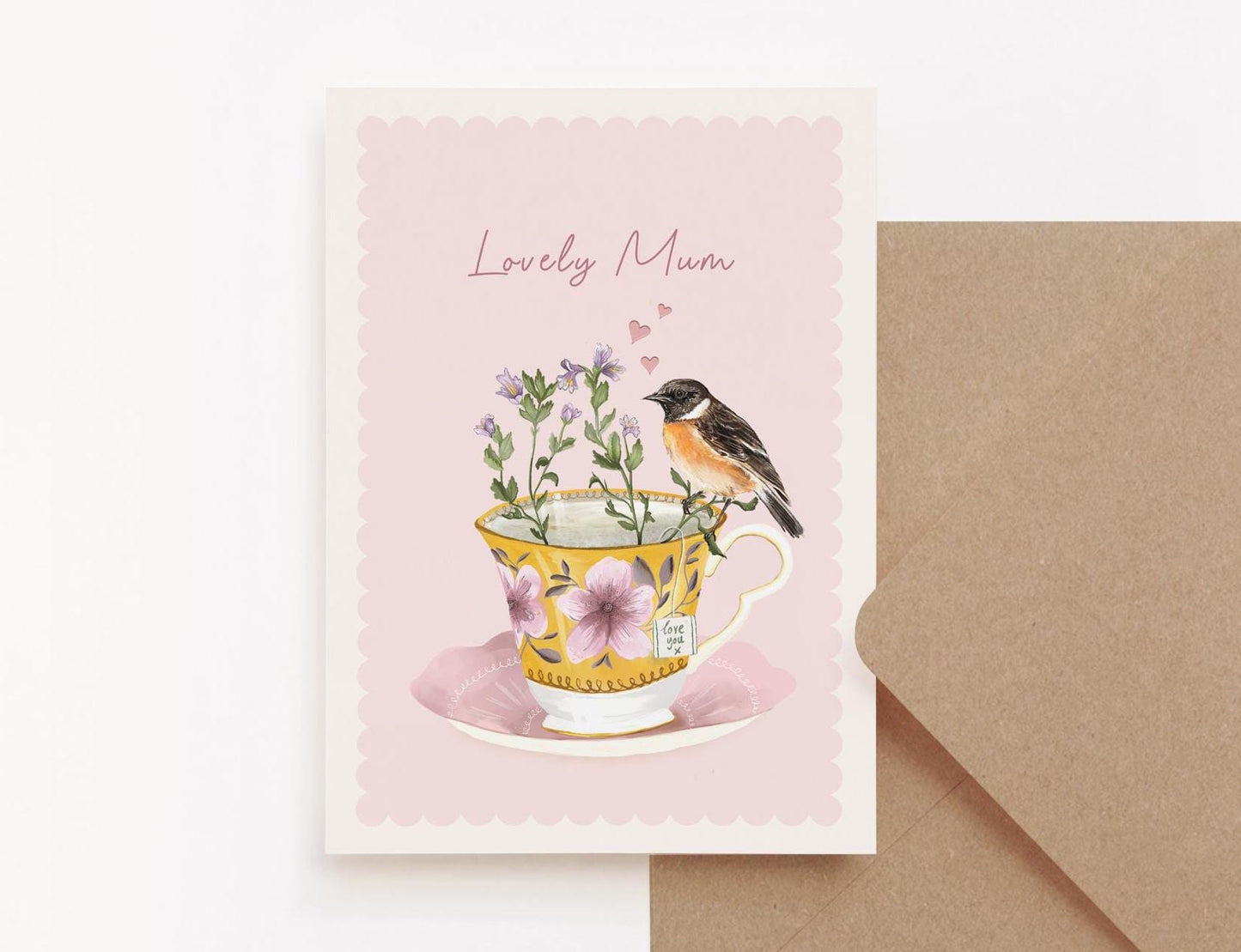 Lovely Mum, Floral Vintage Teacup And Bird, Pink Illustrated Mother's Day Card 5x7"
