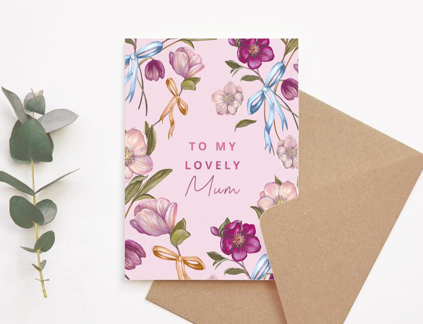Pink Hellebore Floral Card for Mum, Mother's Day Card, Lovely Mum, Illustrated Bows Greetings Card 5x7"
