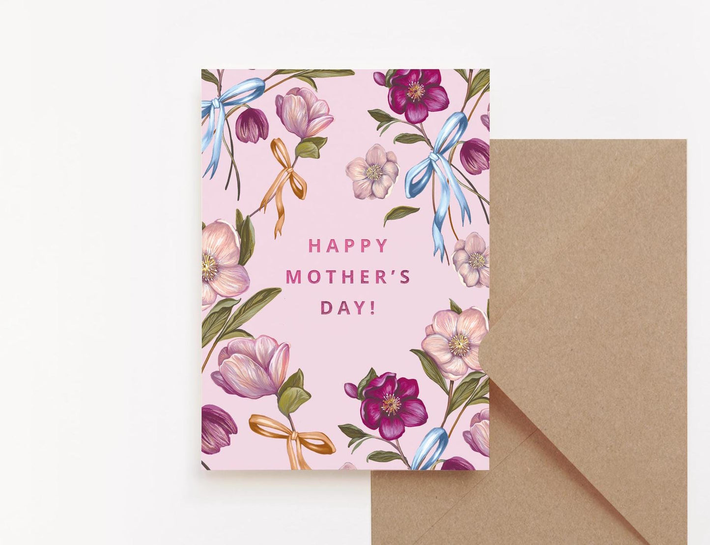 Pink Hellebore Floral Card for Mum, Mother's Day Card, Lovely Mum, Illustrated Bows Greetings Card 5x7"
