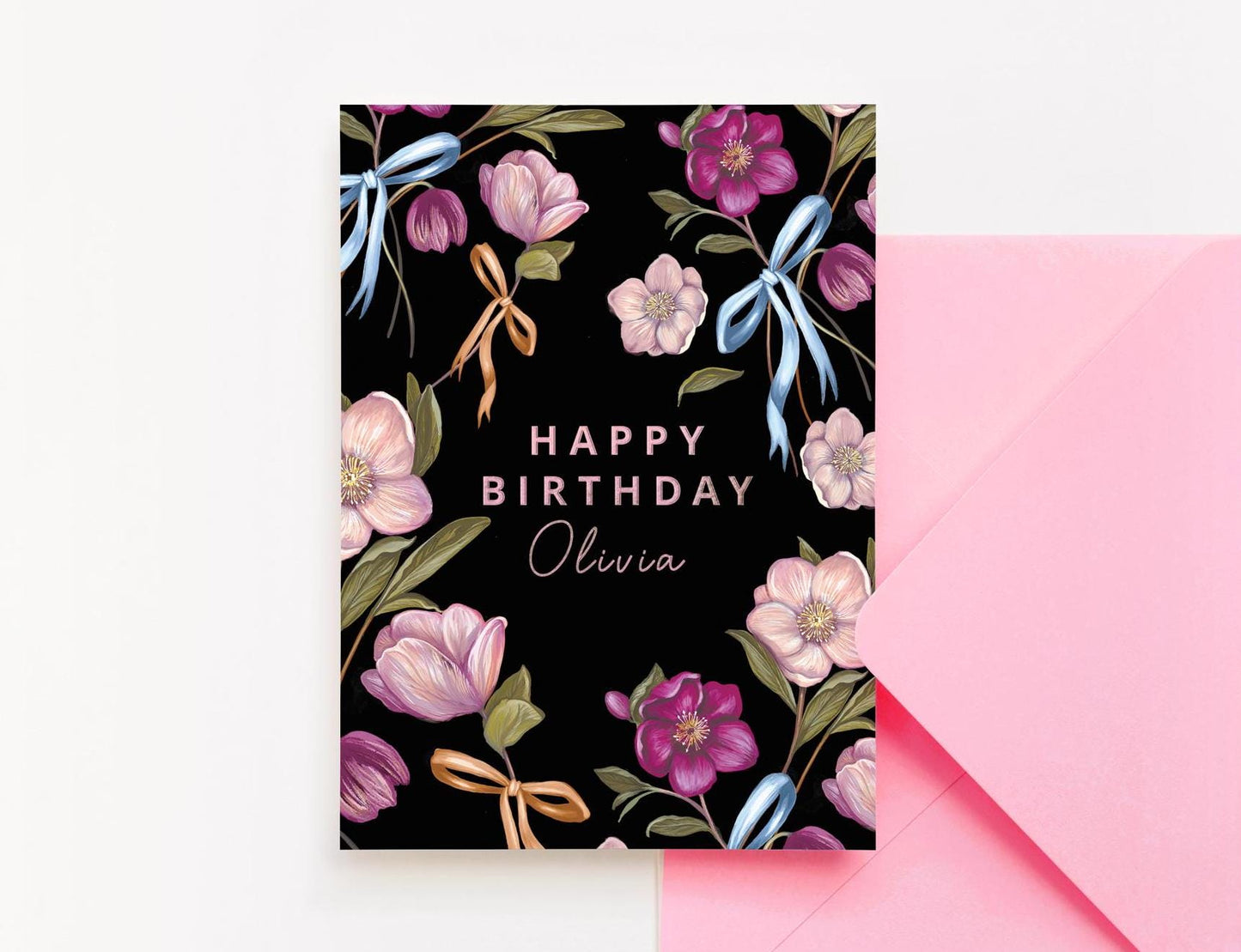 Personalised Dark Hellebore Floral Birthday Card for Her, Friend, Mum, Illustrated Bows Greetings Card A6