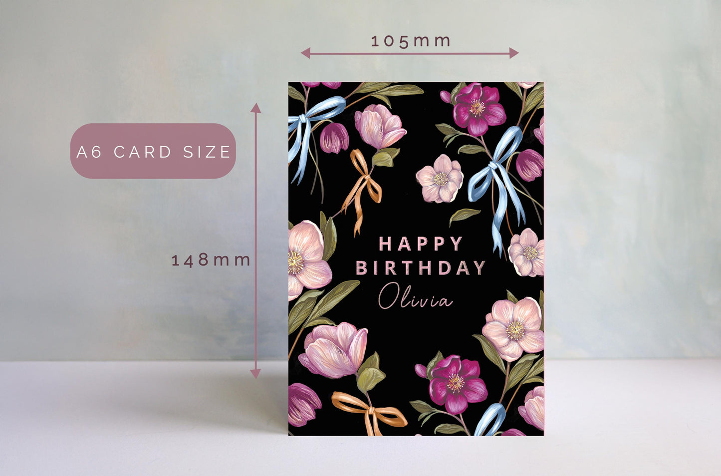 Personalised Dark Hellebore Floral Birthday Card for Her, Friend, Mum, Illustrated Bows Greetings Card A6