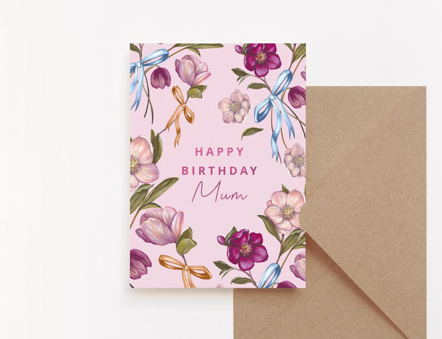 Personalised Pink Hellebore Floral Birthday Card for Her, Illustrated Bows Greetings Card 5x7"