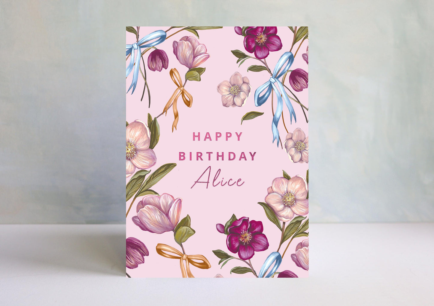 Personalised Pink Hellebore Floral Birthday Card for Her, Illustrated Bows Greetings Card 5x7"