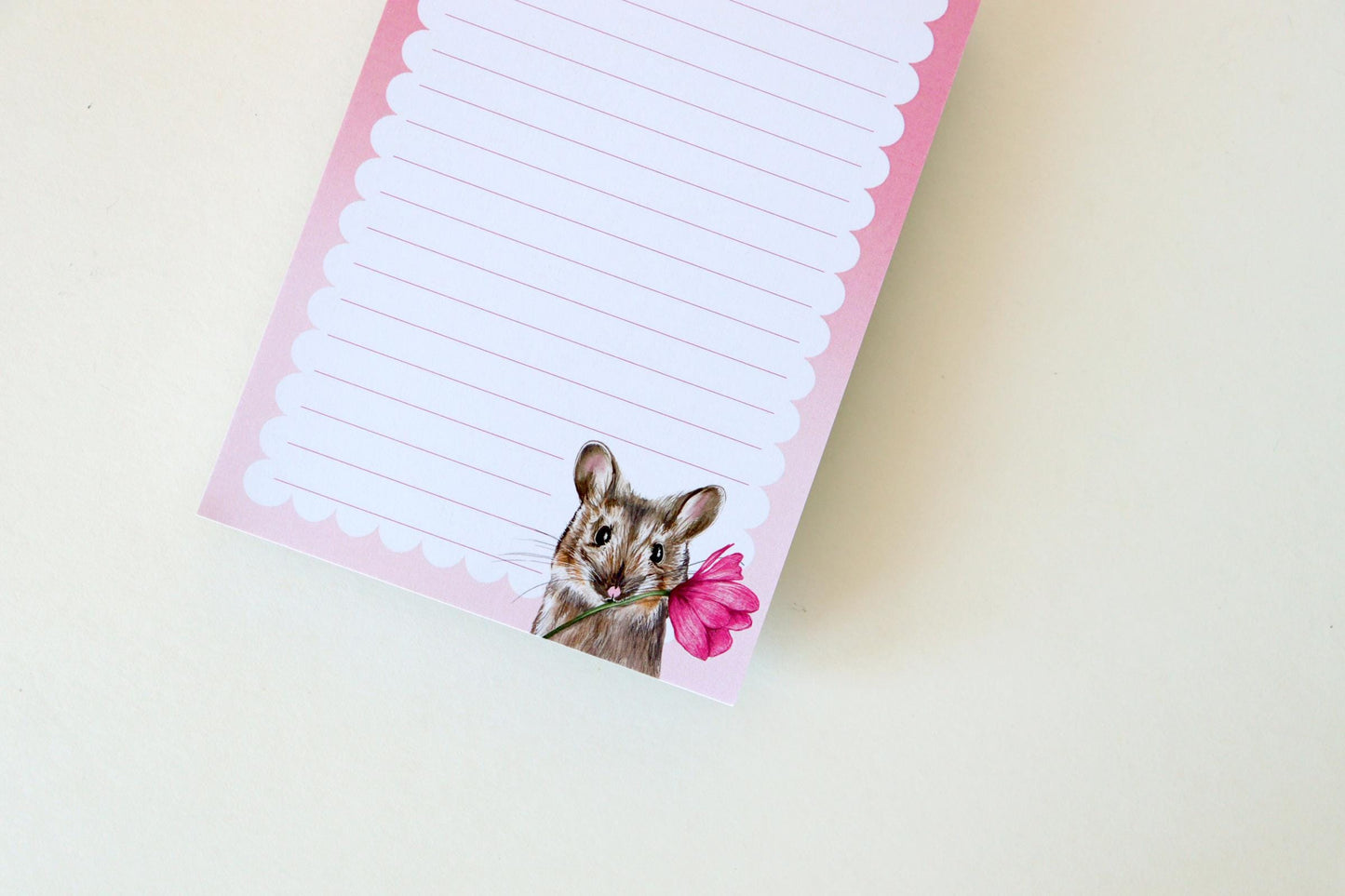 Miso The Mouse Pink A6 Notepad, Pink Floral Tulip To-do List, Watercolour Illustrated Stationery Gift
