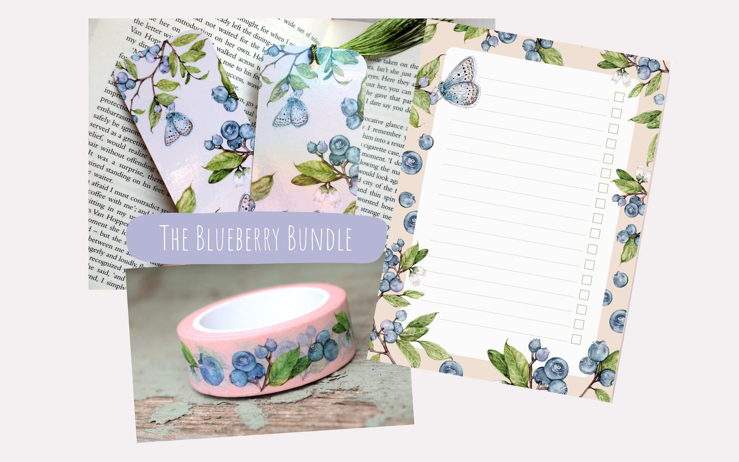 The Blueberry Bundle, Washi Tape, Illustrated Notepad, Blueberries Bookmark, Berries Botanical Stationery Gift Set Box