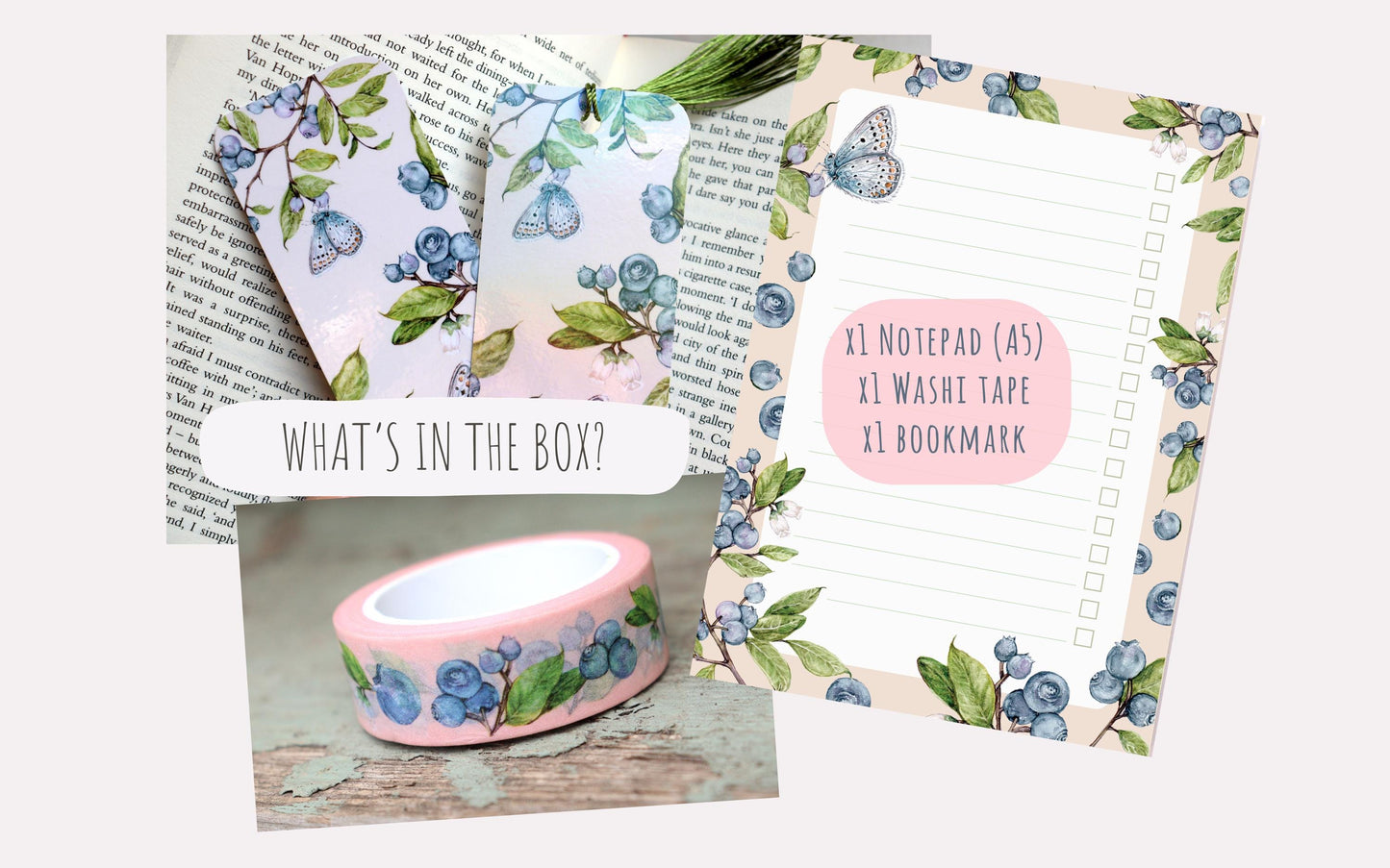 The Blueberry Bundle, Washi Tape, Illustrated Notepad, Blueberries Bookmark, Berries Botanical Stationery Gift Set Box