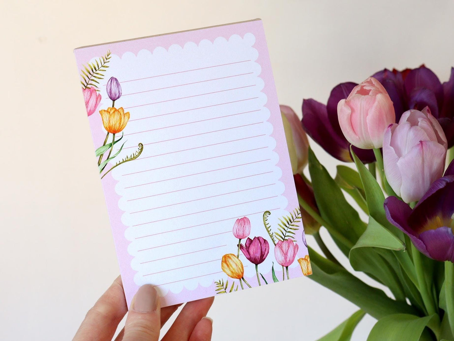 Tulips A6 Notepad, Pastel Floral To-do List, Watercolour Illustrated Stationery Gift