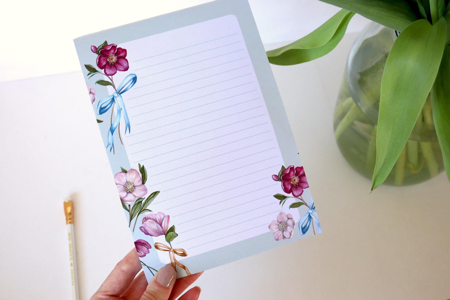 Hellebore Bow A5 Notepad, Watercolour Illustrated Green Printed Paper Notes, Stationery Easter Gift