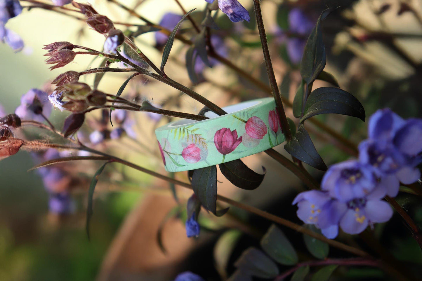 Tulip Washi Tape, Watercolour Pink Floral Green Tape, Illustrated Botanical Stationery Gift
