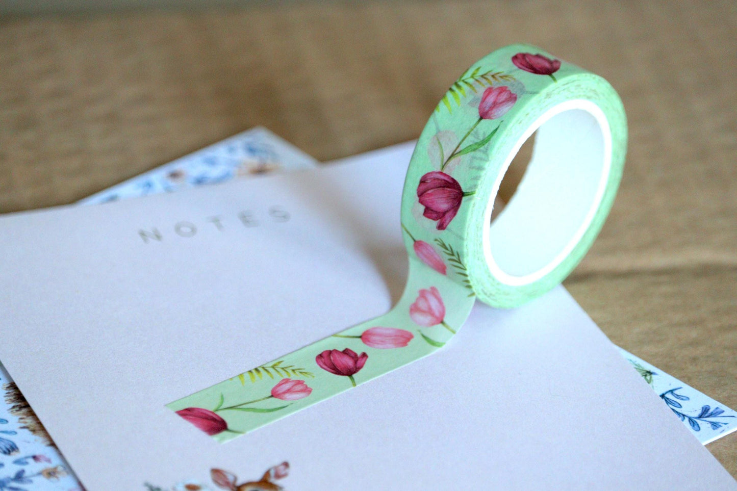 Tulip Washi Tape, Watercolour Pink Floral Green Tape, Illustrated Botanical Stationery Gift